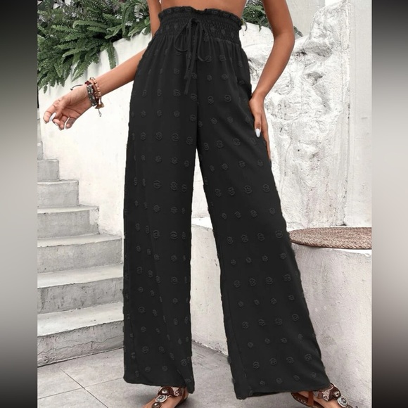Swiss Dot Smocked Waist Wide Leg Palazzo Pants Black - Picture 5 of 5